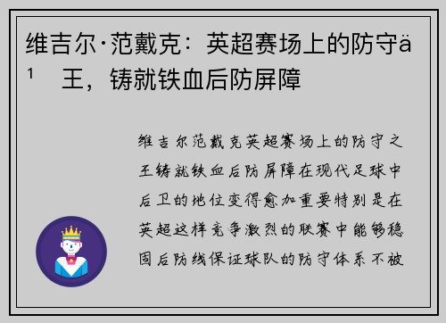 维吉尔·范戴克:英超赛场上的防守之王,铸就铁血后防屏障