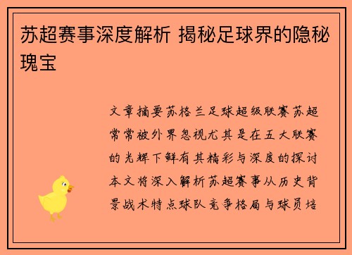 苏超赛事深度解析 揭秘足球界的隐秘瑰宝