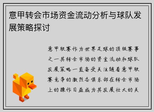 意甲转会市场资金流动分析与球队发展策略探讨